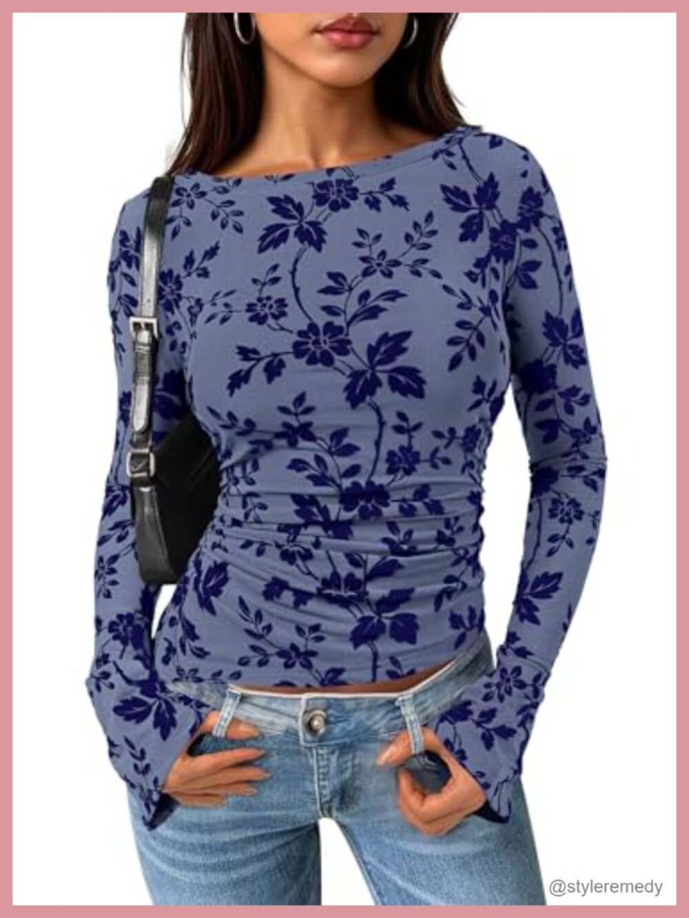 Bell Sleeve Floral Mesh Blouse Boat Neck Ruched Top